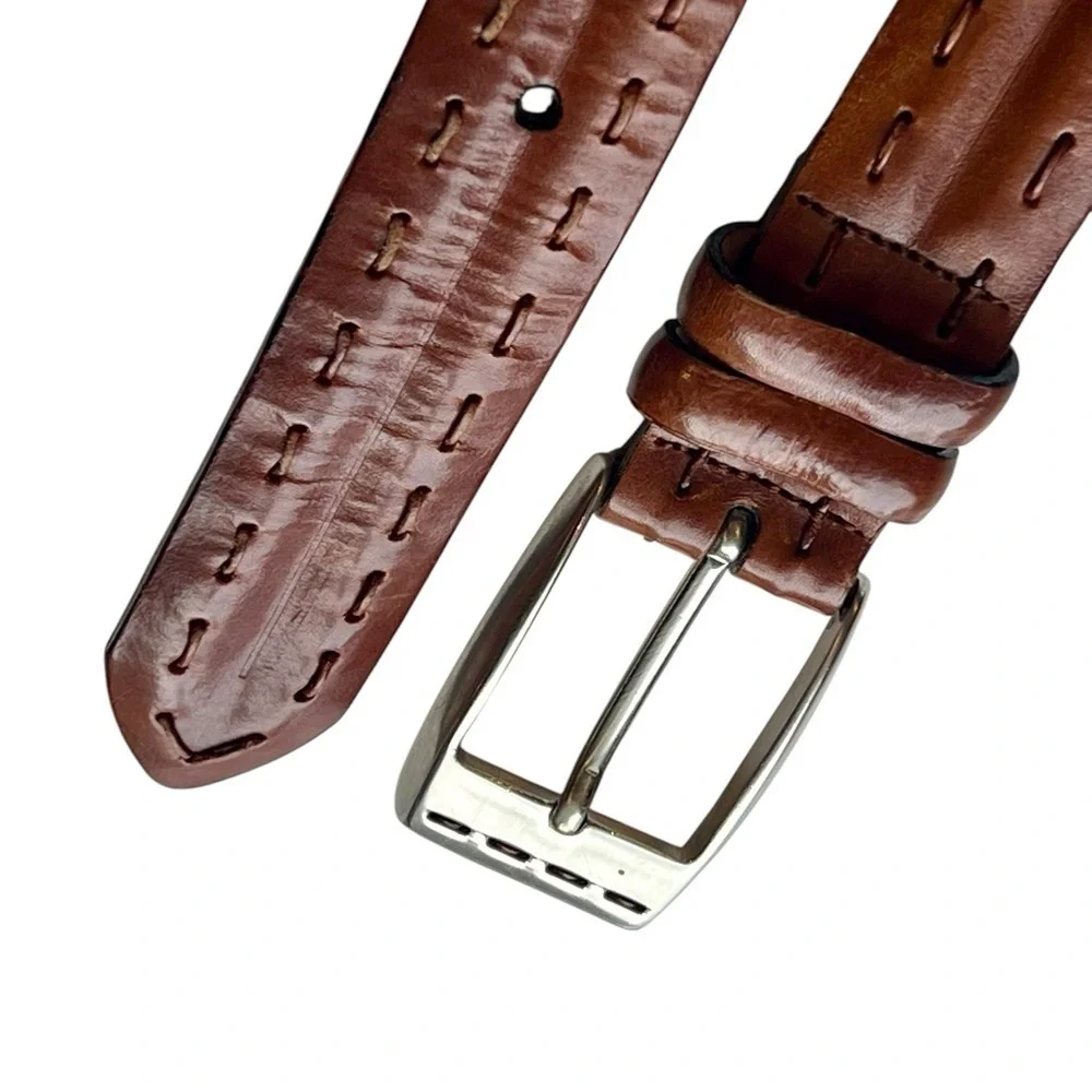 Vintage Brown Leather Belt Solid Brass Silver Buass Silver Buckle Unisex Classic